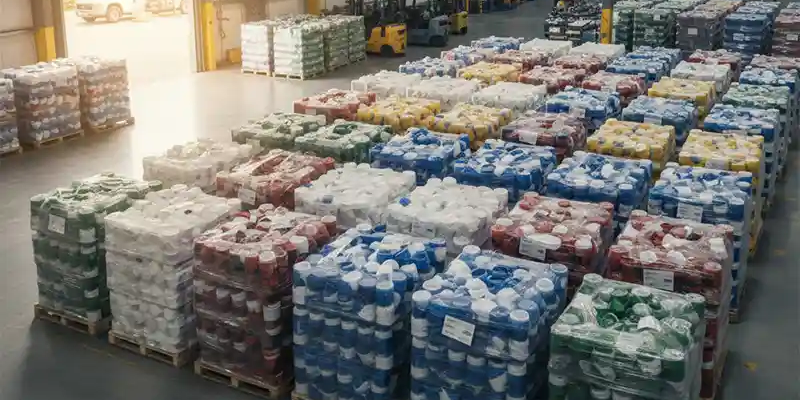 Raw plastic materials sit on pallets in a warehouse.